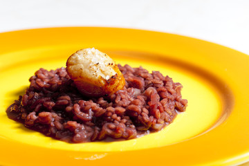 fried Saint Jacques mollusc on risotto steamed with red wine