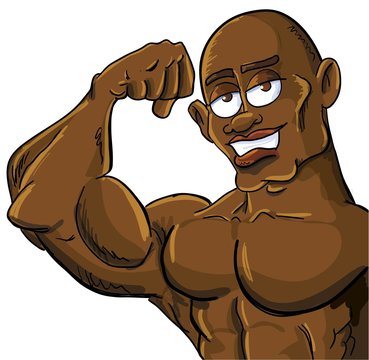 Cartoon Muscle Man Flexing His Bicep. Isolated