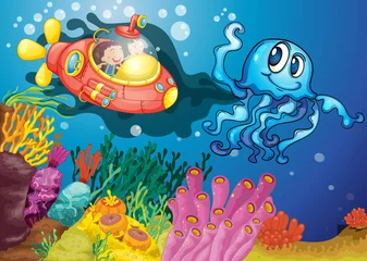 Foto op Plexiglas Onderwaterwereld octopus en kinderen in onderzeeër