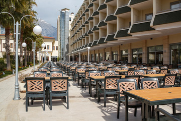 outdoor seating in empty hotel