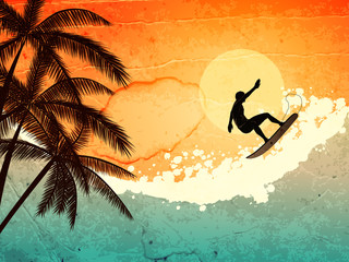 Surfer, palms and sea