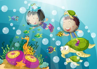 Abwaschbare Fototapete U-Boot Schildkröte und Kinder im tiefen Wasser