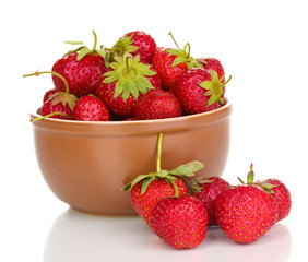 Sweet ripe strawberries in glass bowl isolated on white