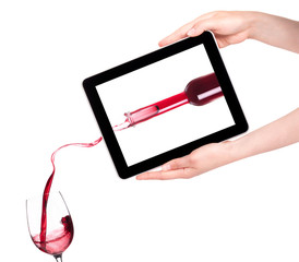 isolated Hands Holding Digital Tablet with Red wine splashing