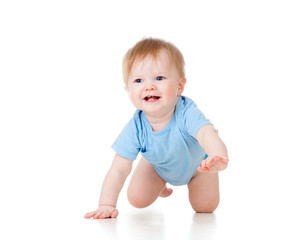 cute cheerful crawling baby boy isolated on white background