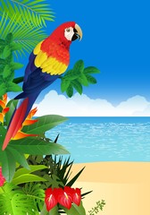 Naklejka premium Ara z tropikalnym plażowym tłem
