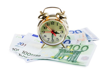 Alarm clock  for euro banknotes isolated on white background