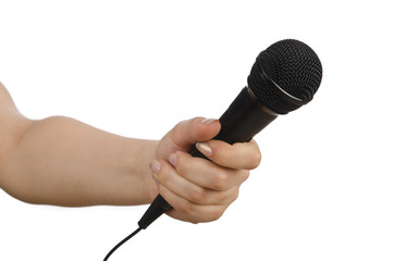 Hand with microphone on white