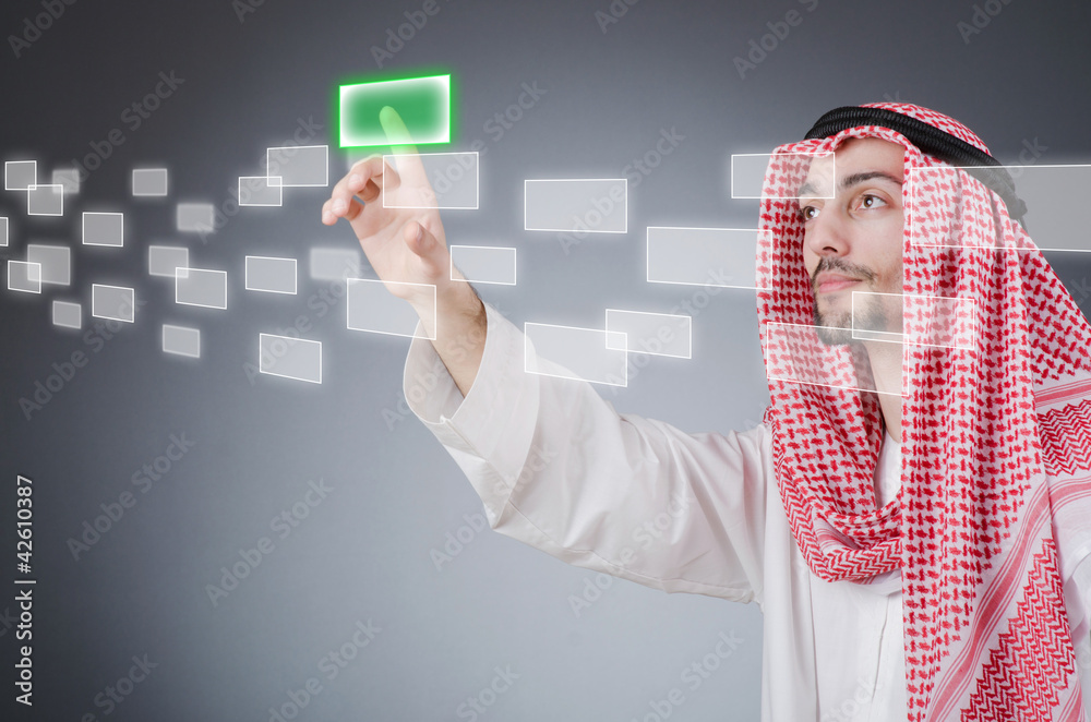 Wall mural young arab pressing virtual buttons