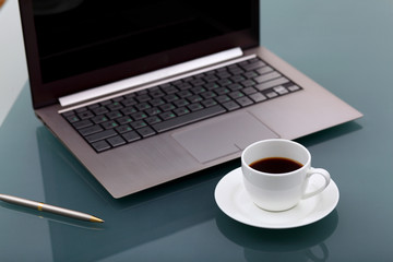 Fototapeta premium Business breakfast at workplace