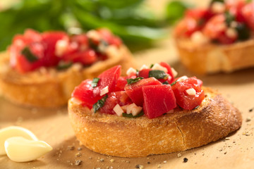 Crispy Italian antipasto, Bruschetta with tomato and garlic