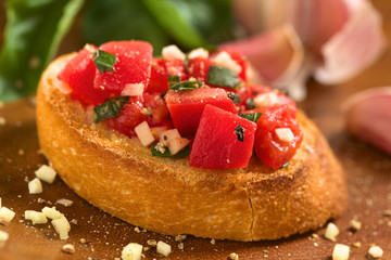 Crispy Italian antipasto, Bruschetta with tomato and garlic