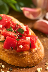 Crispy Italian antipasto, Bruschetta with tomato and garlic