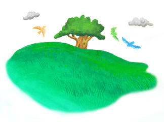 野原の木立と鳥たち