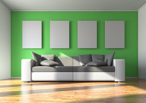 Sofa mit 4 Wandbildern / Tapete grün