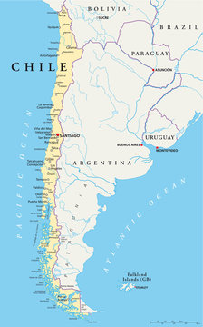 Chile political map with capital Santiago, with national borders, most important cities, rivers and lakes. Illustration with English labeling and scaling. Vector.