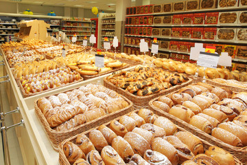 Sweet buns and baked products at a supermarket