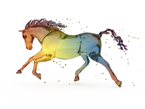 Rainbow water running horse over white