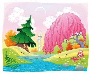 Stickers pour porte Monde magique Paysage fantastique au bord de la rivière. Illustration vectorielle.