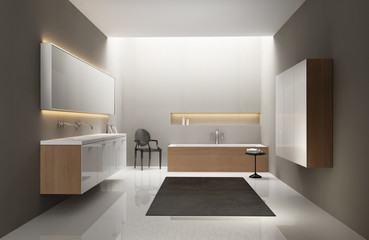Fototapeta na wymiar Szary, biały, umywalka, drewno, nowoczesny elegancki luksusowa łazienka, krzesło