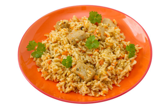 rice with pork and vegetables on the plate