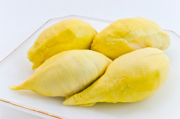 durian on plate isolated on white background.
