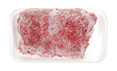 Package of frozen hamburger on foam tray