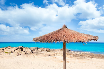 Balearic Formentera island with umbrella dried sunroof