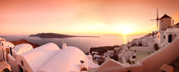 Panorama of Santorini with windmills and sea-view in Greece