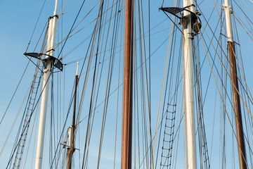 Fototapeta premium Rigging of a big sailing ship against a blue sky