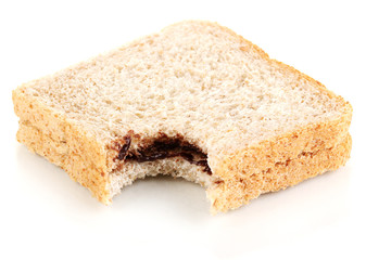 Bitten sandwich with chocolate isolated on white