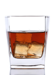 glass of whiskey and ice isolated on white