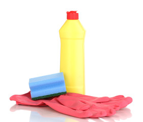 Dishwashing liquid with gloves and sponge isolated on white