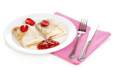 Stack of tasty pancakes isolated on white