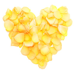 beautiful heart of orange rose petals isolated on white