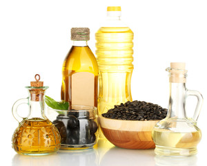 Olive and sunflower oil in the bottles and small decanters