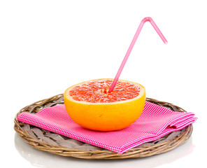 Half of ripe grapefruit with tube isolated on white