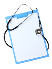 stethoscope and blue clipboard isolated on white