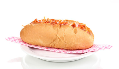 Appetizing hot dog on plate isolated on white