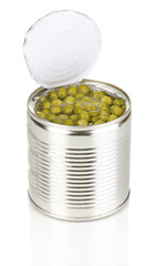 Open tin can of peas isolated on white
