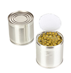 Open tin can of peas and closed can isolated on white
