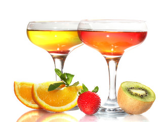 fruit jelly in glasses and fruits isolated on white