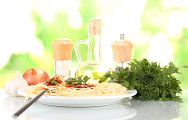 Composition of the delicious spaghetti on bright background