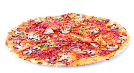 delicious pizza with vegetables and  salami isolated on white.