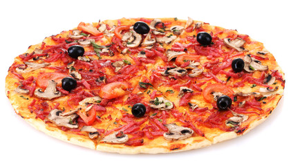delicious pizza with vegetables and  salami isolated on white.