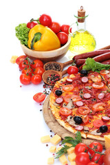 delicious pizza, vegetables and salami isolated on white.