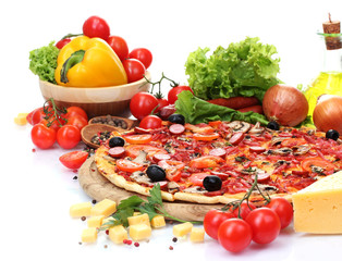 delicious pizza, vegetables and salami isolated on white.
