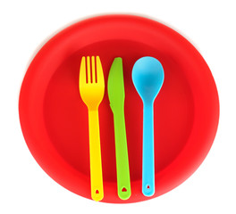 bright plastic disposable tableware isolated on white