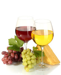 glasses of wine, cheese and ripe grapes isolated on white