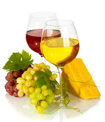 glasses of wine, cheese and ripe grapes isolated on white